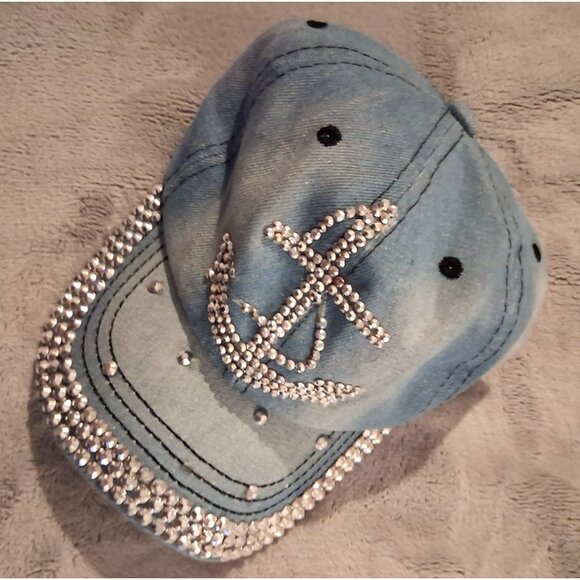 Denim Blue Jean Silver Rhinestone Anchor Women's Baseball Hat Nautical Cap Bling - Picture 4 of 7